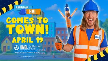 Handyman Hal on a blue background with construction items around, promoting the April 19 show